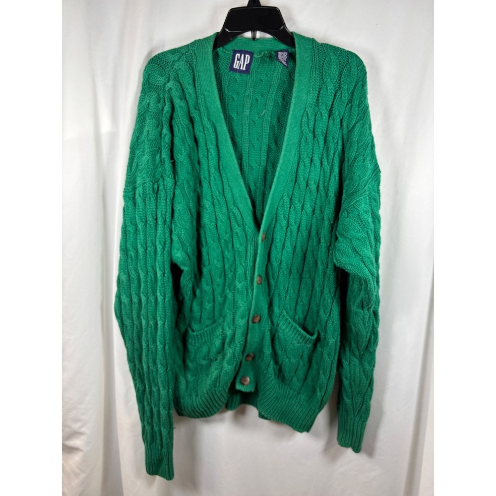 Vintage Gap Green Cable Knit Cardigan Sweater V-Neck Ramie Cotton Blend Large